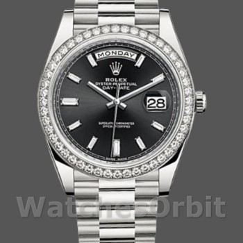 Replica Heren Rolex Day-Date-228349RBR, 40mm, zwarte wijzerplaat, diamanten lunette