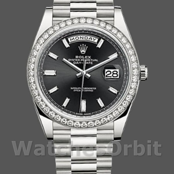 Replica Heren Rolex Day-Date-228349RBR, 40mm, zwarte wijzerplaat, diamanten lunette