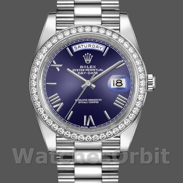 Replica Heren Rolex Day-Date-228349RBR, 40mm, Blauwe Romeinse Wijzerplaat, Diamanten Ring