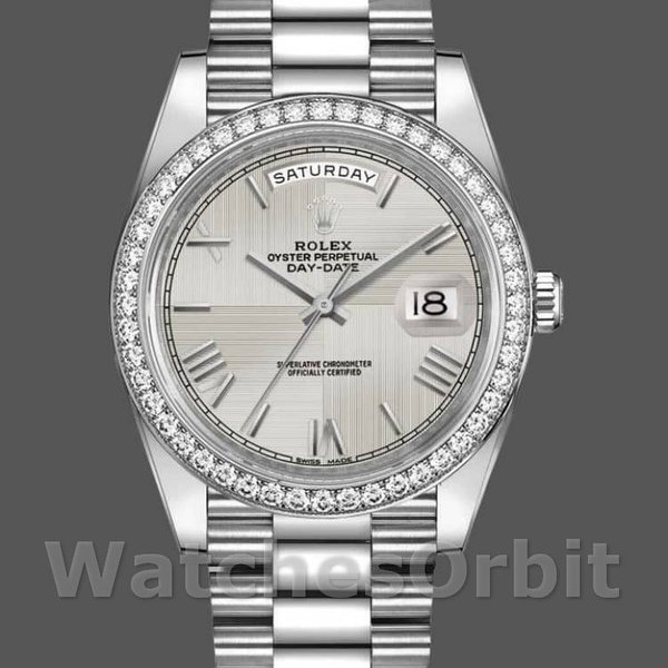 Replica Heren Rolex Day-Date-228349RBR, 40mm, zilver Romeinse wijzerplaat, diamanten ring