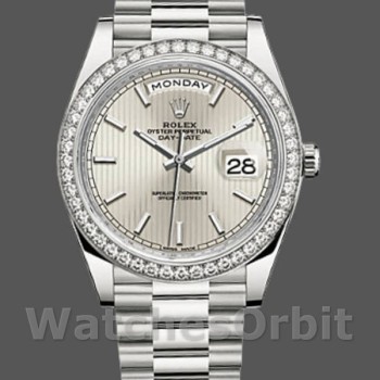 Replica Heren Rolex Day-Date-228349RBR, 40mm, Zilveren Streep Motief Wijzerplaat, Diamanten Ring