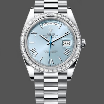 Replica Heren Rolex Day-Date-228396TBR 0030, 40 mm, ijsblauwe wijzerplaat, platina, diamanten ring
