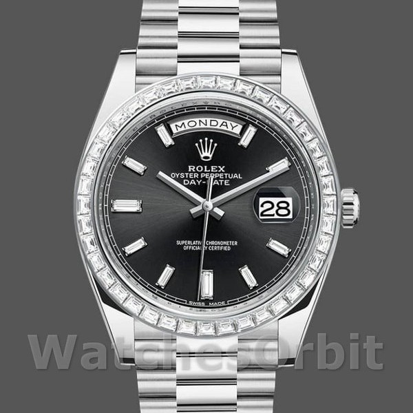 Replica Heren Rolex Day-Date-228396TBR, 40mm, zwarte wijzerplaat, diamanten lunette
