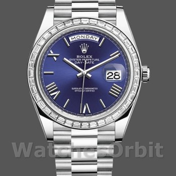 Replica Heren Rolex Day-Date-228396TBR, 40mm, Blauwe Wijzerplaat, Platina, Diamanten Ring