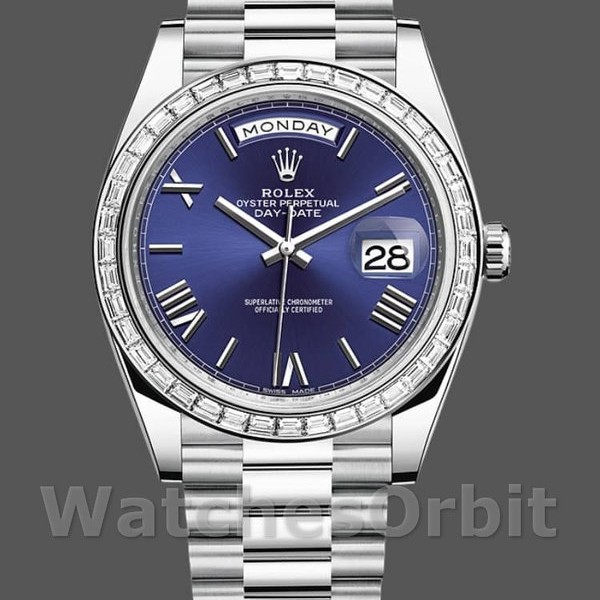 Replica Heren Rolex Day-Date-228396TBR, 40mm, Blauwe Wijzerplaat, Platina, Diamanten Ring