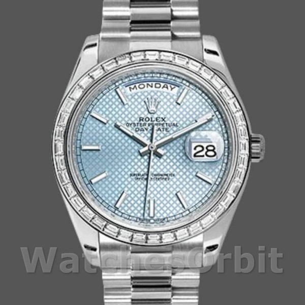 Replica Heren Rolex Day-Date-228396TBR, 40mm, Ijsblauwe Diagonaal Motief Wijzerplaat, Diamanten Bezel