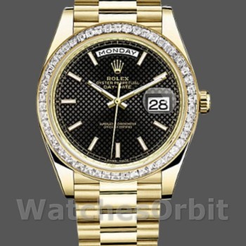 Replica Heren Rolex Day-Date-228398TBR, 40mm, Zwarte Diagonaal Motief Wijzerplaat, Diamanten Bezel, Heren Zwart