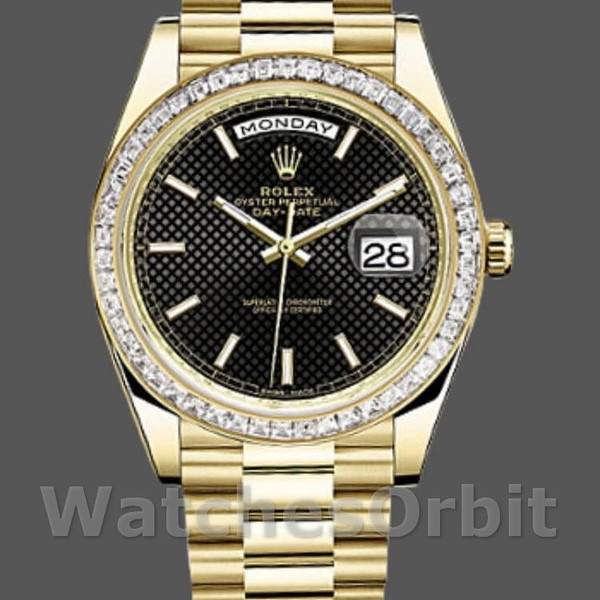 Replica Heren Rolex Day-Date-228398TBR, 40mm, Zwarte Diagonaal Motief Wijzerplaat, Diamanten Bezel, Heren Zwart