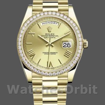 Replica Heren Rolex Day-Date-228398TBR, 40mm, Champagne Romeinse cijfer wijzerplaat, Diamanten ring