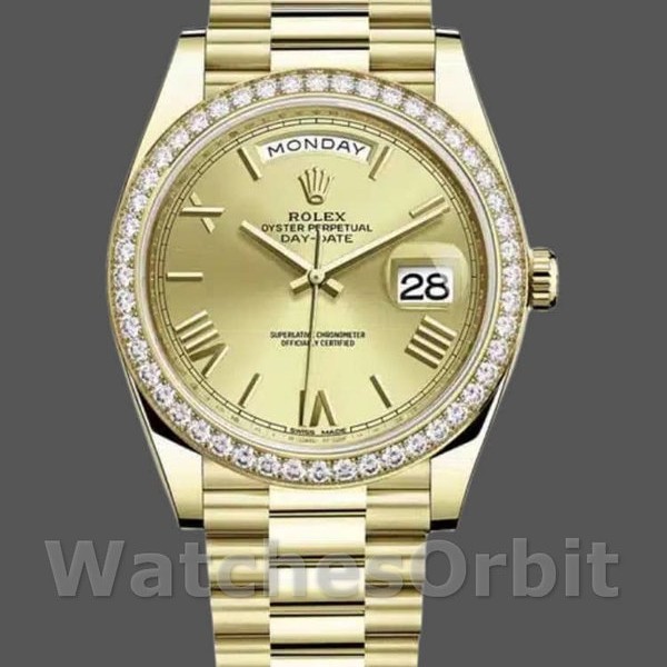 Replica Heren Rolex Day-Date-228398TBR, 40mm, Champagne Romeinse cijfer wijzerplaat, Diamanten ring