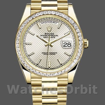 Replica Heren Rolex Day-Date-228398TBR, 40mm, Zilveren Diagonaal Motief Wijzerplaat, Diamanten Ring