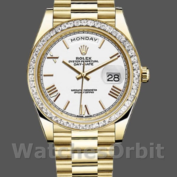 Replica Heren Rolex Day-Date-228398TBR, 40mm, Witte Romeinse Cijfer Wijzerplaat, Diamanten Ring