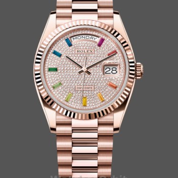Replica Rolex Day Date 36-m128396TBR 0019 voor heren, diamanten ring, ijsblauwe Romeinse wijzerplaat