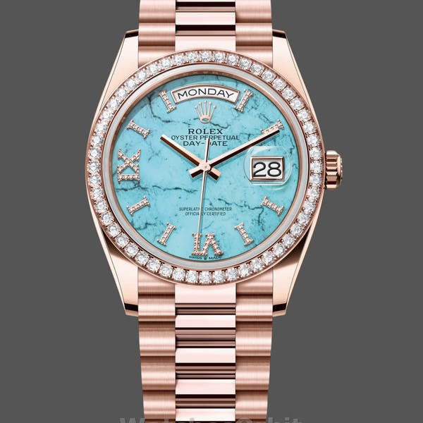 Replica Dames Rolex Day-Date 36-m128345rbr 0064, Roségoud, Turquoise Diamond-Set Romeinse Wijzerplaat, Diamant Bezel Turquoise Wijzerplaat