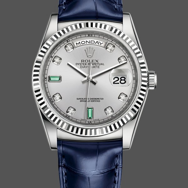Replica Rolex Day Date 36-m128396TBR 0019 voor heren, diamanten ring, ijsblauwe Romeinse wijzerplaat