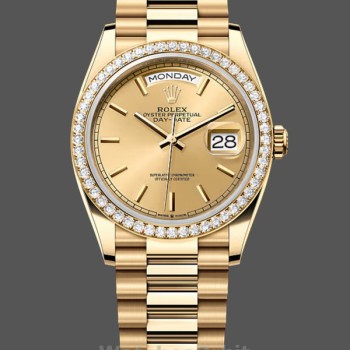 Replica Rolex Day Date 36-m128239 0059, witgoud, witte wijzerplaat, geribbelde lunette, president, wit