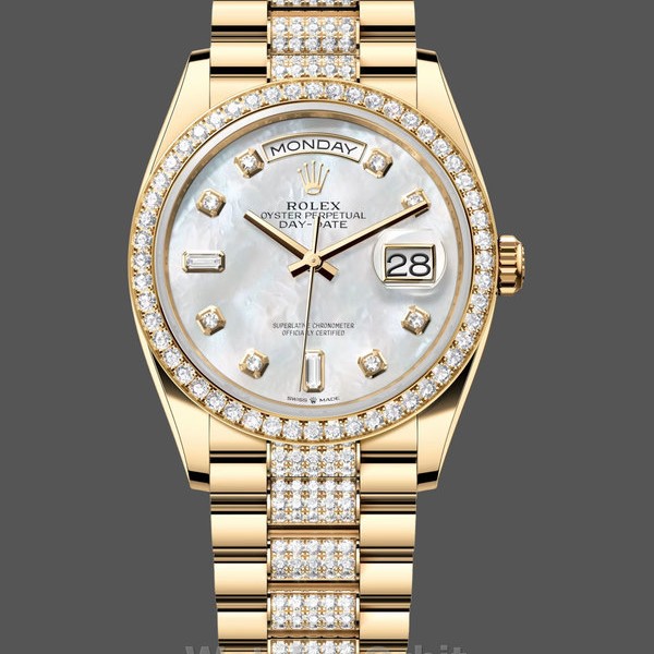 Replica Dames Rolex Day-Date 36mm Geelgoud met diamant bezel MOP wijzerplaat - M128348RBR 0019 MOP wijzerplaat
