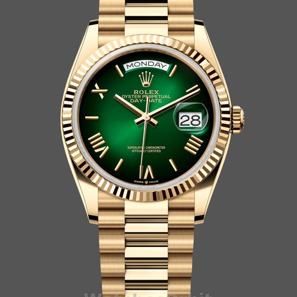 Replica Rolex Day Date 40-M228238 00691, geelgoud, groene ombre wijzerplaat, groene ombre wijzerplaat
