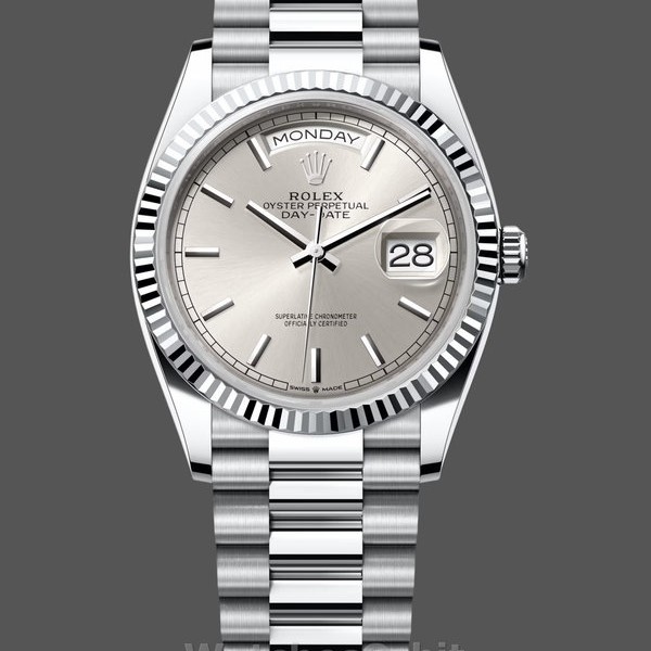 Replica Rolex Day-Date 36-128236 0001 voor dames, platina en witgoud, zilverkleurige wijzerplaat met index