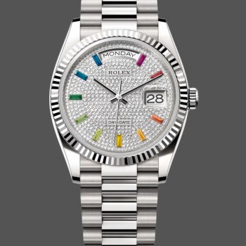 Replica Rolex Day Date 36-128239 0016, witgoud, Pave Rainbow Diamond Dial, diamanten wijzerplaat