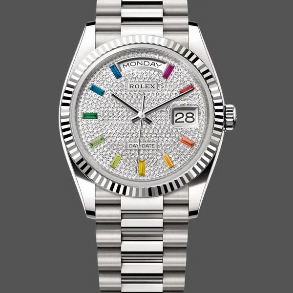 Replica Rolex Day Date 36-128239 0016, witgoud, Pave Rainbow Diamond Dial, diamanten wijzerplaat