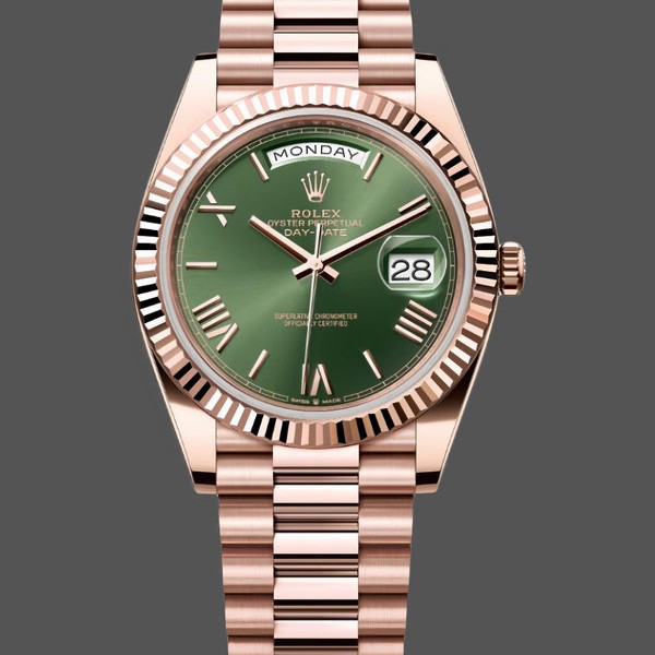 Replica Heren Rolex Day Date 40-m228235 0025, 40mm, 18K Everose Goud, Olijfgroene Wijzerplaat Groen