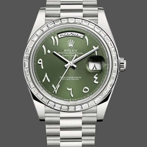 Replica Heren Rolex Day-Date 40-228396TBR, Platina, Arabische cijfers, Groen met diamanten, Groene wijzerplaat