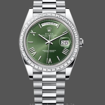 Replica Heren Rolex Day Date 40-M228396TBR 0020, Platina, Olijfgroene wijzerplaat, Diamanten ring