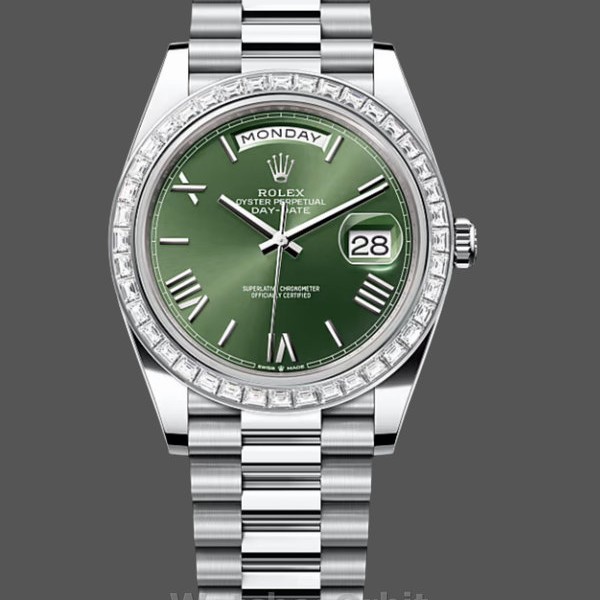 Replica Heren Rolex Day Date 40-M228396TBR 0020, Platina, Olijfgroene wijzerplaat, Diamanten ring