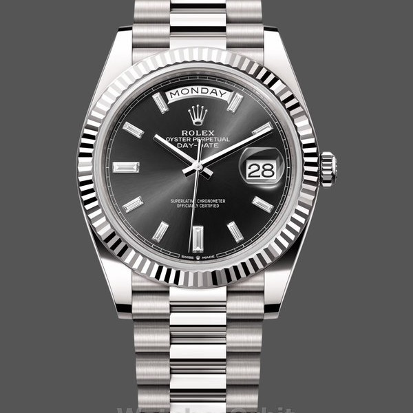 Replica Heren Rolex Day-Date-228239 0005, 40mm, zwarte diamanten wijzerplaat, geribbelde lunette, heren zwart