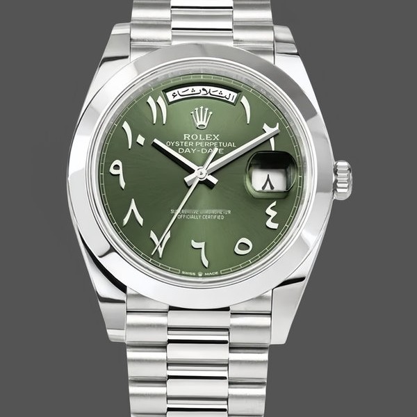 Replica Rolex Day-Date 40-228206 voor heren, Arabisch, Platina, Olijf wijzerplaat, Groene wijzerplaat
