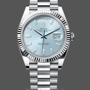 Replica Heren Rolex Day Date 40-228236 0006, Platina, Ijsblauwe Baguette Wijzerplaat