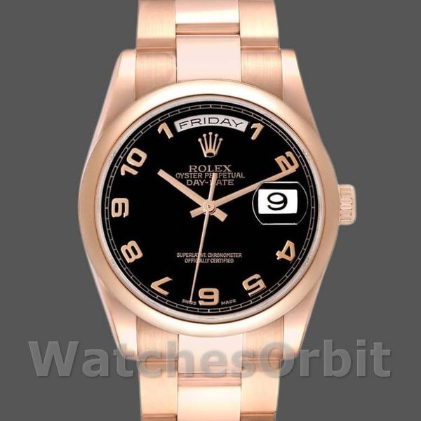 Replica Rolex President Day-Date 36mm unisex-118205-Rose Gold-Black Dial Zwart