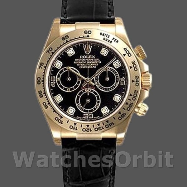 Replica Rolex Daytona 40mm Heren-116518-Zwarte Diamanten Wijzerplaat-Zwarte Leren Band Zwart<br />