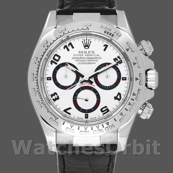 Replica Rolex Daytona 40mm Heren-116519-Zwarte krokodillenleren band-Witte wijzerplaat Wit