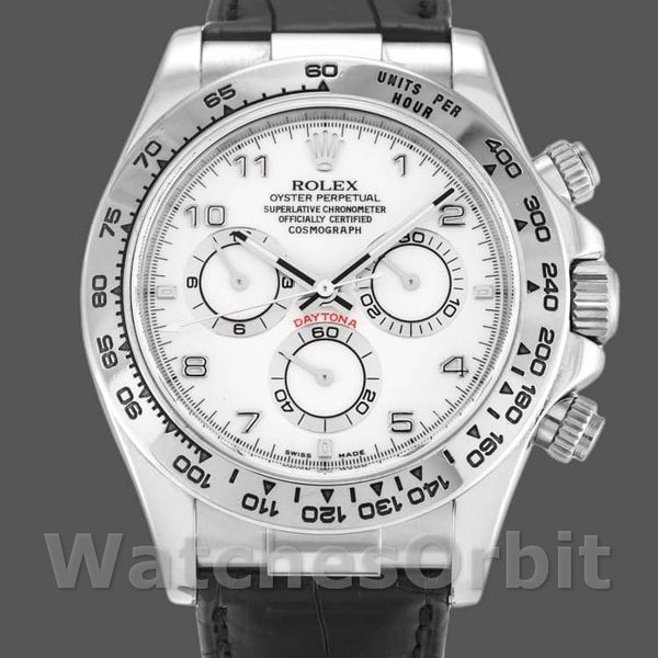 Replica Rolex Daytona 40mm Heren-116519-Witte Arabische Wijzerplaat-Zwarte Leren Band Witte Arabische