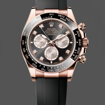 Replica Heren Rolex Daytona-126515LN 0004, Everose Gold Rubber Strap, Zwarte Wijzerplaat, Diamant