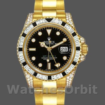 Replica Rolex GMT-Master II 40mm Heren-116758 Geelgoud-Zwarte Wijzerplaat-Diamanten Zwart