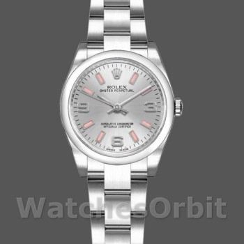 Replica Rolex Oyster Perpetual 26mm voor dames-176200-Zilveren wijzerplaat-Roze lichtgevende markeringen Zilver