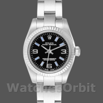 Replica Rolex Oyster Perpetual 26mm voor dames-176234-zwarte wijzerplaat-blauw baton zwart