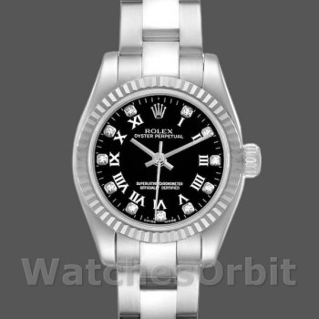 Replica Rolex Oyster Perpetual 26mm voor dames-176234-Zwarte Romeinse & Diamanten Wijzerplaat Zwart