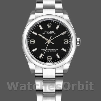 Replica Rolex Oyster Perpetual 31mm voor dames-177200-zwarte Arabische wijzerplaat-domed-bezel zwart