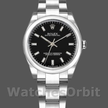 Replica Rolex Oyster Perpetual 31mm voor dames-177200-Zwarte Index Dial-Domed Bezel Zwart