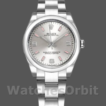 Replica Rolex Oyster Perpetual 31mm voor dames-177200-Zilveren wijzerplaat-Roze markeringen Zilver