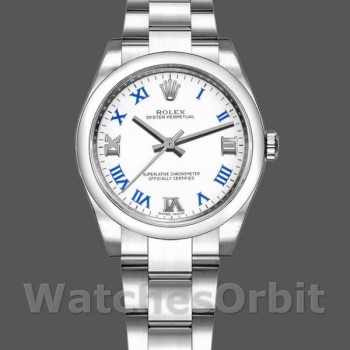 Replica Rolex Oyster Perpetual 31mm voor dames-177200-Witte wijzerplaat-Blauwe Romeinse-Oysterband Wit
