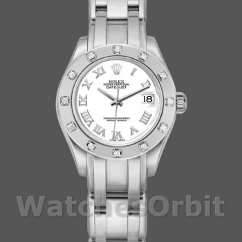 Replica Rolex Pearlmaster 29mm voor dames-80319-White Roman Dial Luxe