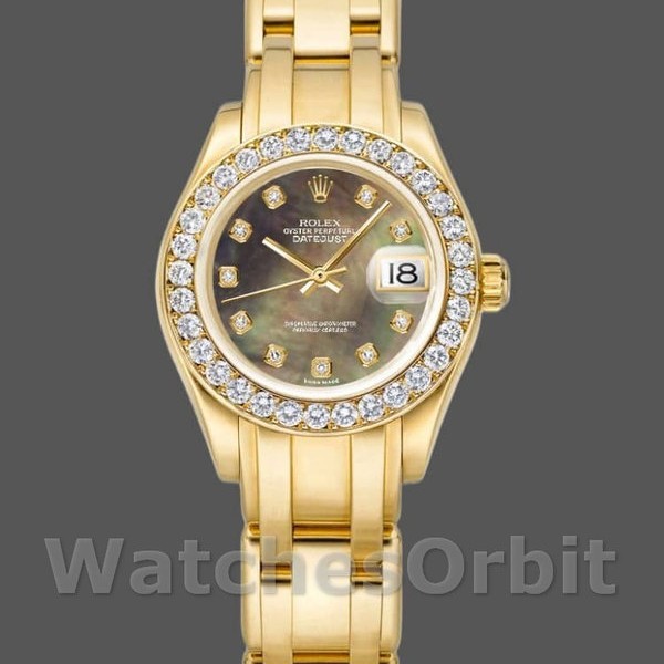 Replica Rolex Pearlmaster 29mm voor dames-80298-geel goud-MOP wijzerplaat Luxe