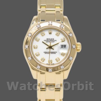 Replica Rolex Pearlmaster 29mm Dames-80318 Geelgoud-Witte Wijzerplaat Luxe
