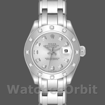 Replica Rolex Pearlmaster 29mm voor dames-80319-Zilveren Diamond Dial Luxe