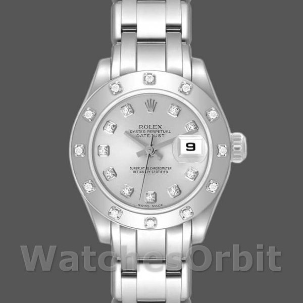 Replica Rolex Pearlmaster 29mm voor dames-80319-Zilveren Diamond Dial Luxe